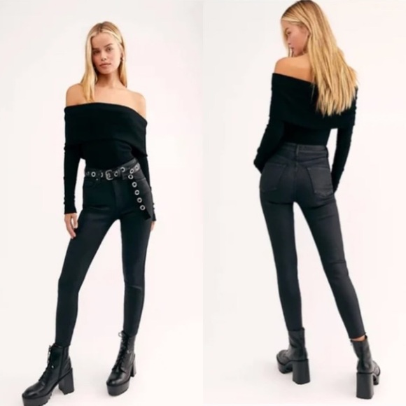 Free People Denim - Free People We The Free High Rise Coated Raw Hem Ankle Skinny Jeans Black 26